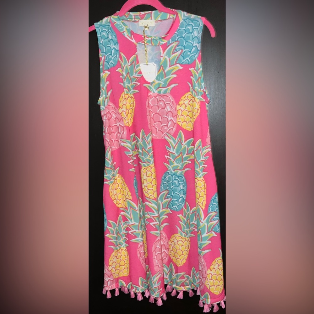 Simply Southern Pink Pineapple Sleeveless Keyhole Charleston Dress M New NWT